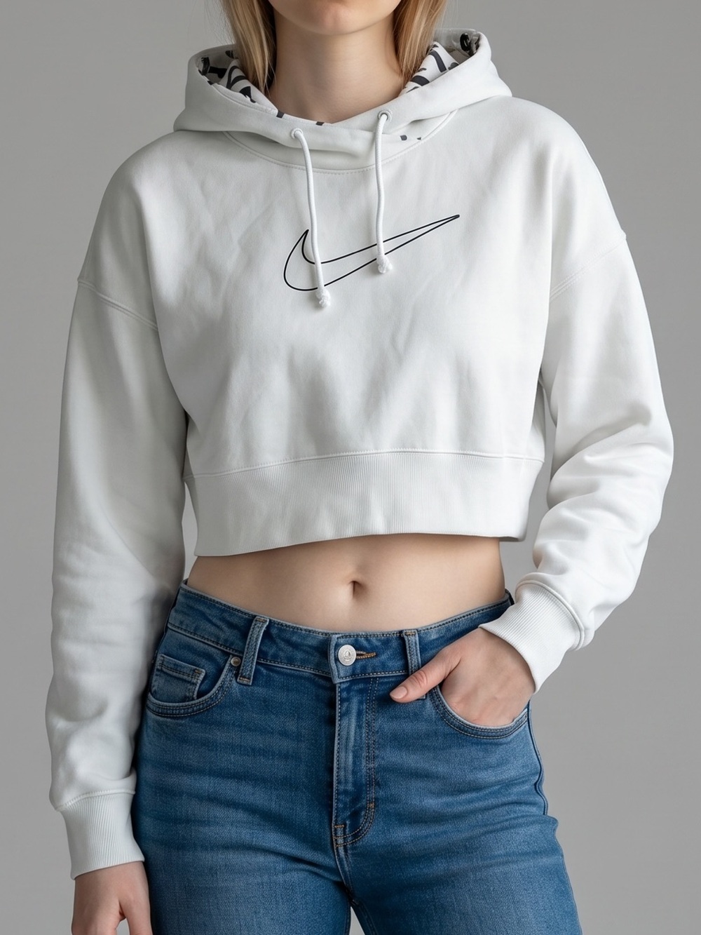 Nike White Cropped Hoodie with Black Swoosh Outline Size Medium